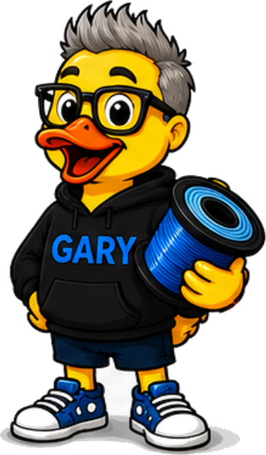 Gary, drawn as a duck in a Gary hoodie, holding a reel of blue filament