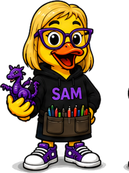 Sam, drawn as a duck in a Sam hoodie, holding a purple 3D-printed dragon